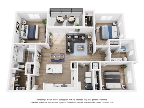 A 3D floor plan of a small apartment with a kitchen, living room, and bedrooms.